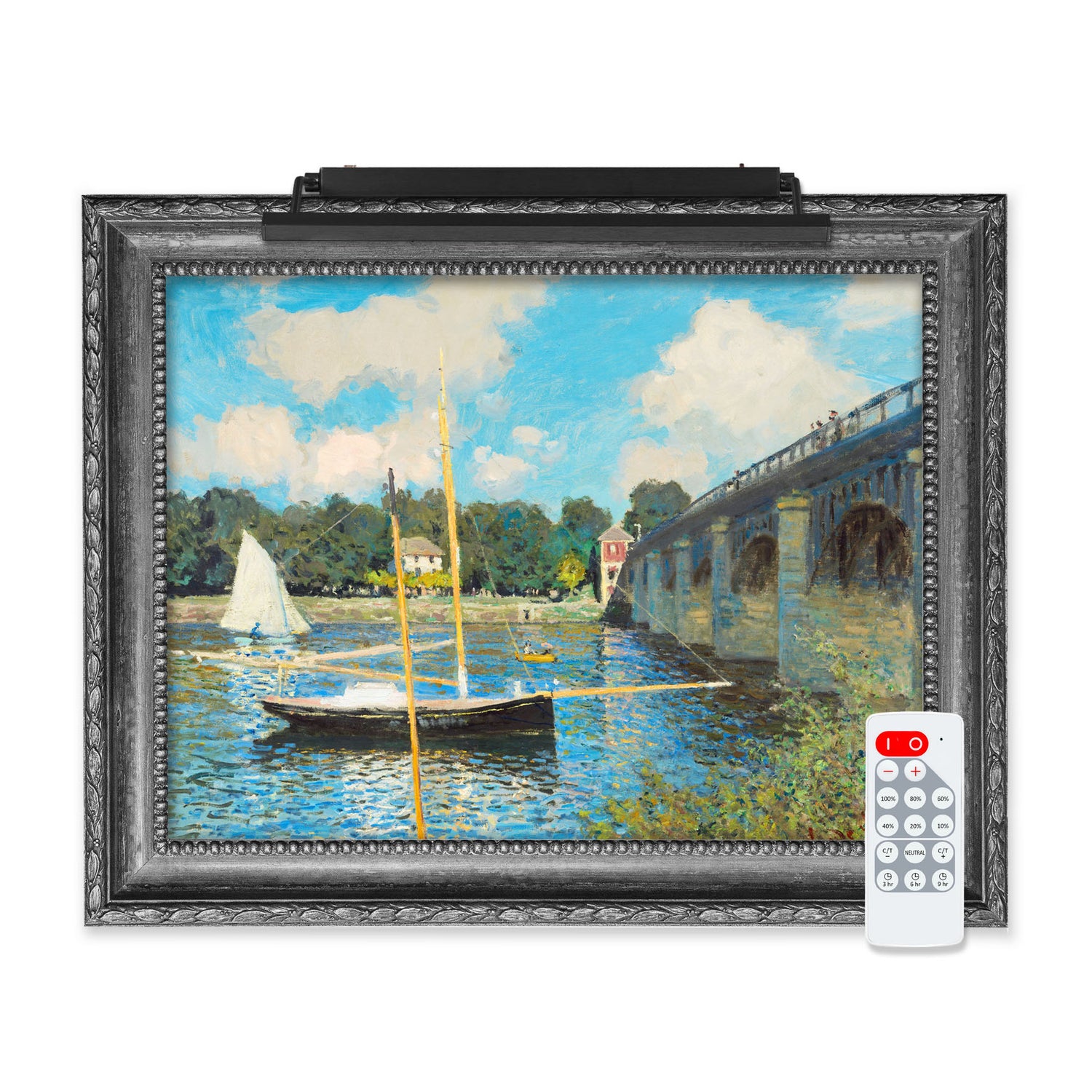 Framed impressionist painting illuminated by the Rechargeable Vision Series, a wireless LED picture light with remote control.