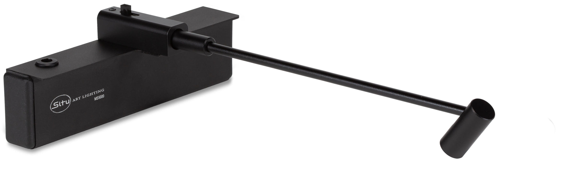 Black battery-operated LED picture light with an elongated arm and cylindrical light head for adjustable art lighting.