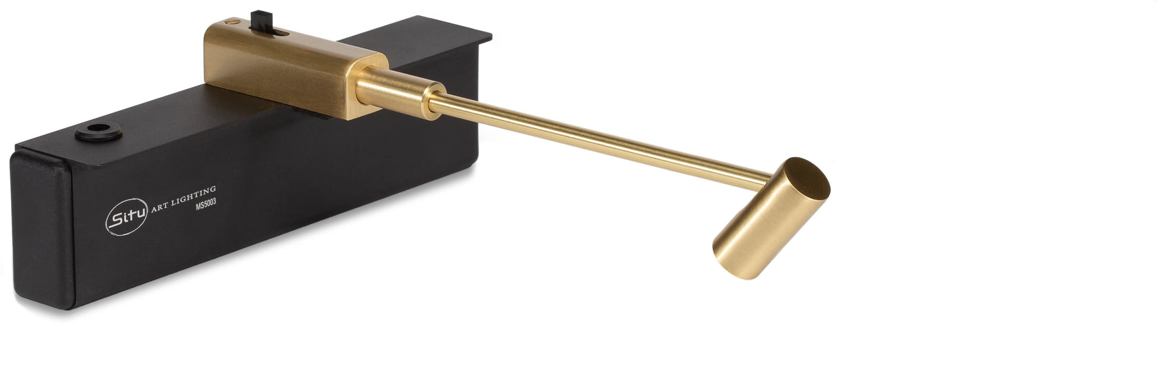 Brushed Brass Rechargeable Micro Series LED picture light, cordless for easy placement atop artwork, featuring an adjustable light head and precision optics.