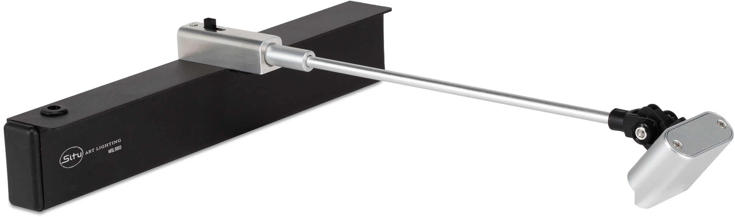 Modern silver Micro Series LED picture light, battery-operated and rechargeable, featuring an adjustable light head for tailored illumination, with three brightness settings and a high color accuracy index (93+ CRI).
