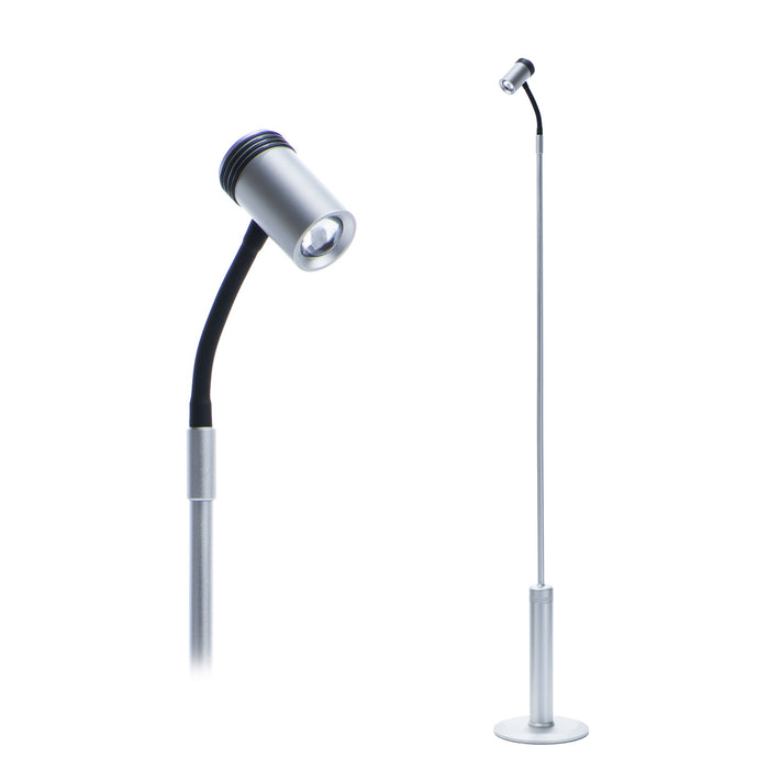 LightBob™ Task Floor Light displayed in two angles, highlighting its flexible gooseneck and sleek silver finish, perfect for modern task lighting needs.