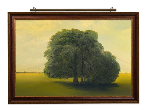 Framed landscape painting under 'Plug-in Vision Series' LED light, with adjustable color temperatures and dimming remote control.