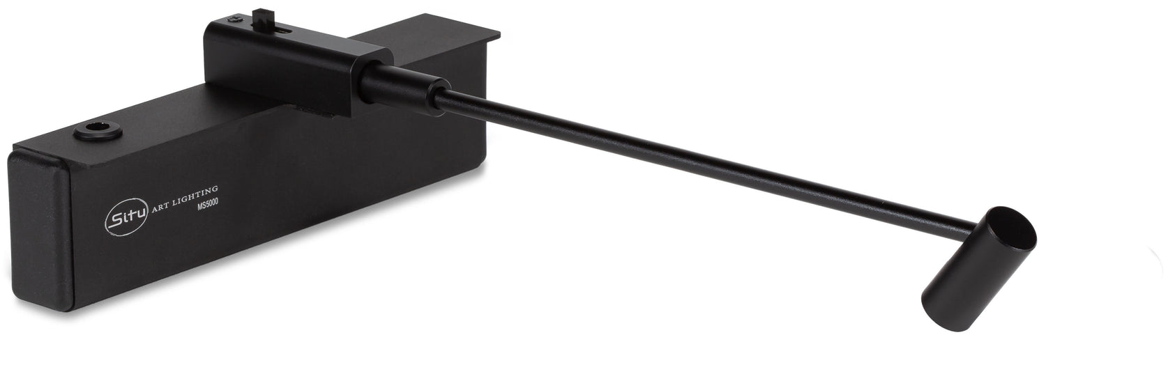 Black battery-operated LED picture light with an elongated arm and cylindrical light head for adjustable art lighting.