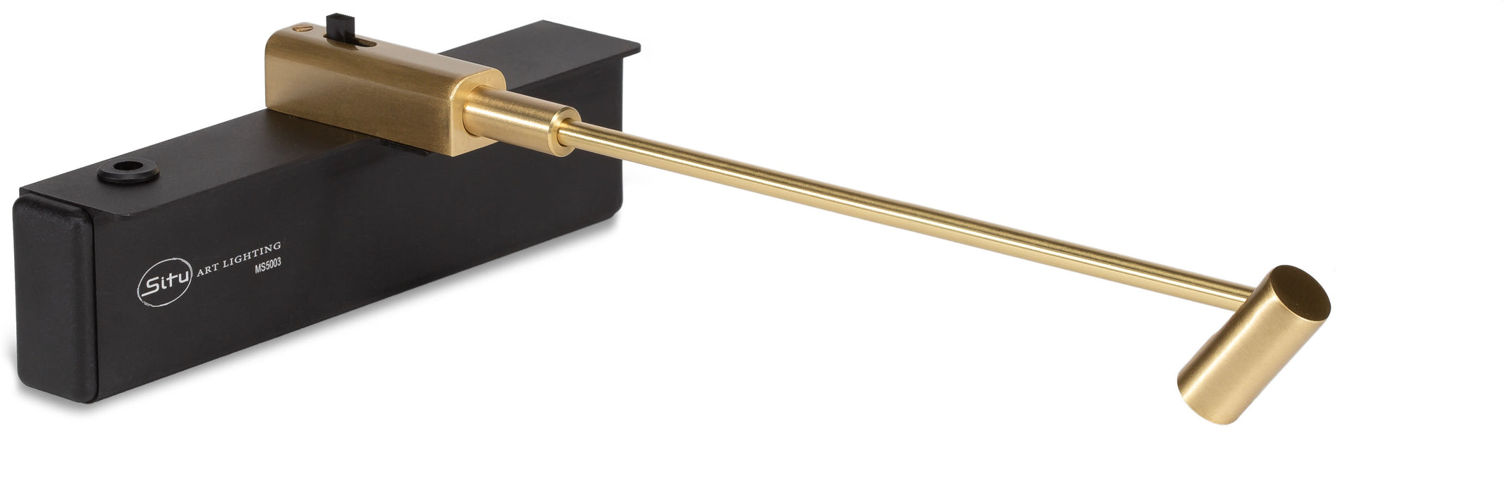 Brushed brass Micro Series LED light with an adjustable head, connected to a black R-MS battery pack.