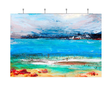 LED ArtTrack lighting system providing even illumination to a colorful seascape painting, with remote-controlled dimming and a sleek, low-profile design.