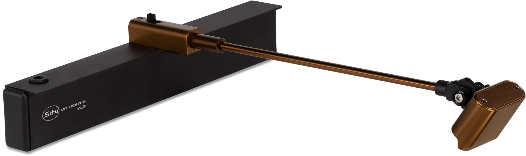 Elegant antique bronze Rechargeable Micro Series art light, cordless for top-of-artwork placement, with adjustable brightness levels and a color-accurate LED that enhances artwork without the need for mounting.