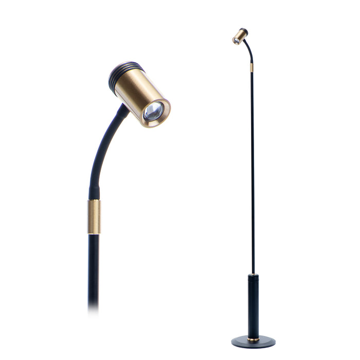 Dual-view of the LightBob™ Task Floor Light, featuring a flexible gooseneck and an elegant brushed brass finish, designed for versatile and stylish task lighting.