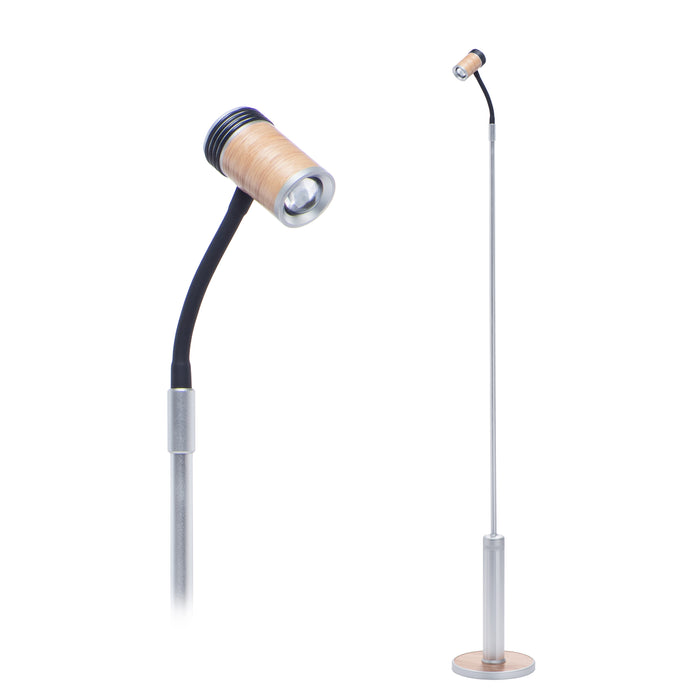 Silver LightBob LED Task Light with Oak Inlay, featuring a close-up and full view, showcasing its flexible design and stylish finish.