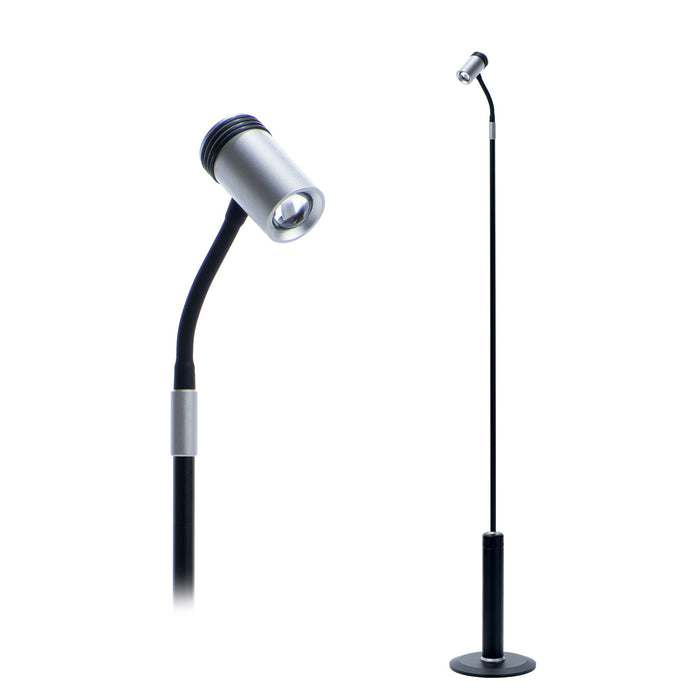 Modern LightBob™ Task Floor Light showcased in two views, highlighting its sleek black gooseneck design and silver head, perfect for focused task lighting in any contemporary space.