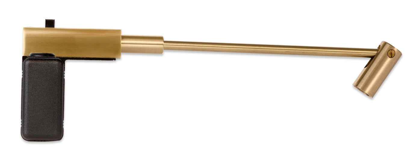 Upper part of the 'Rechargeable Micro Series' art light, featuring a brushed brass finish and adjustable LED spotlight.